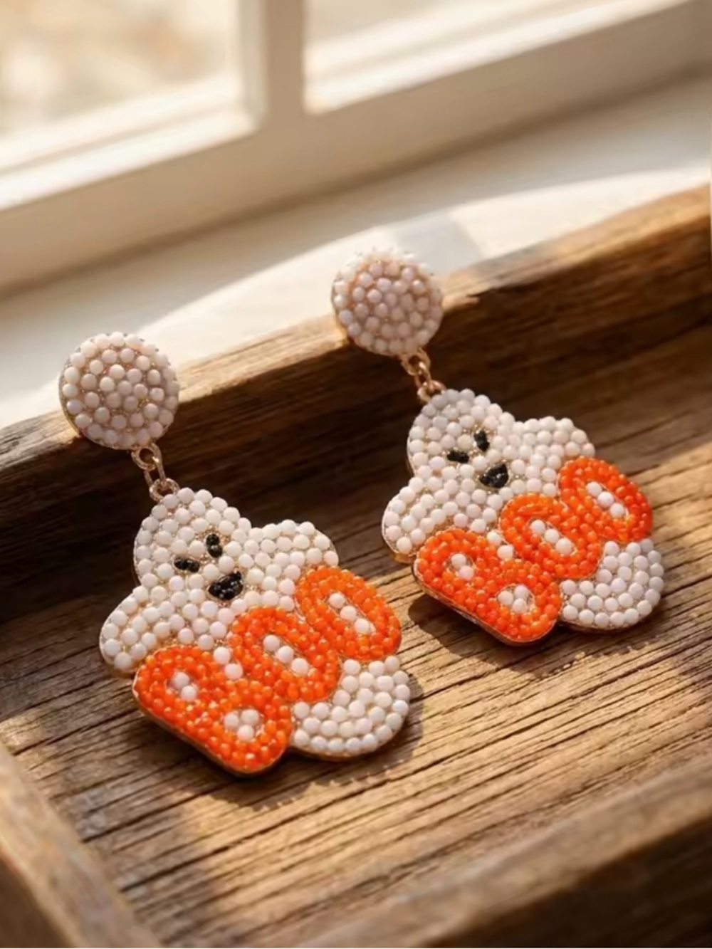 Kids White and Orange Beaded Ghost Drop Earrings